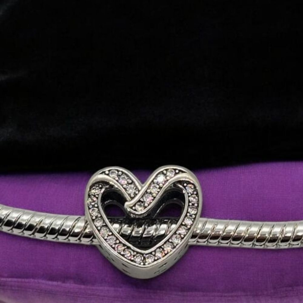 Rhinestone Heart Charm S925 Sterling Silver Slide-On Bracelet Pendant Jewelry